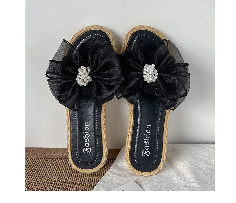 Women Summer Slippers Online Celebrity Slippers Ins New Joker Korean Fairy Wind Mesh Bow Word Drag Breathable Wear-resistant