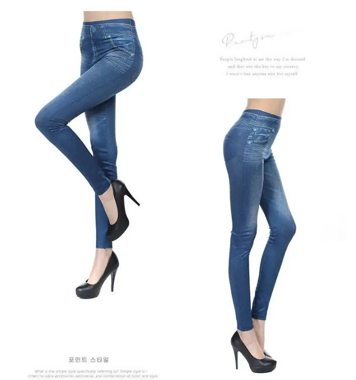 2023 Women's Spring and Summer Tight Imitation Jeans, Smart Slim Fashion, Large Tight Pants, False Pocket Women's Fitness Pants