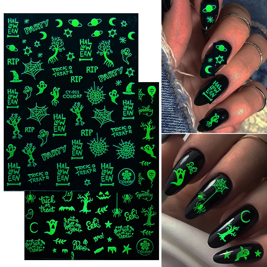 1pcs 3D Luminous Nail Stickers Flame Butterfly Star Moon Glitter Design Glow in The Dark Slider Manicure Decorations JICY028-036