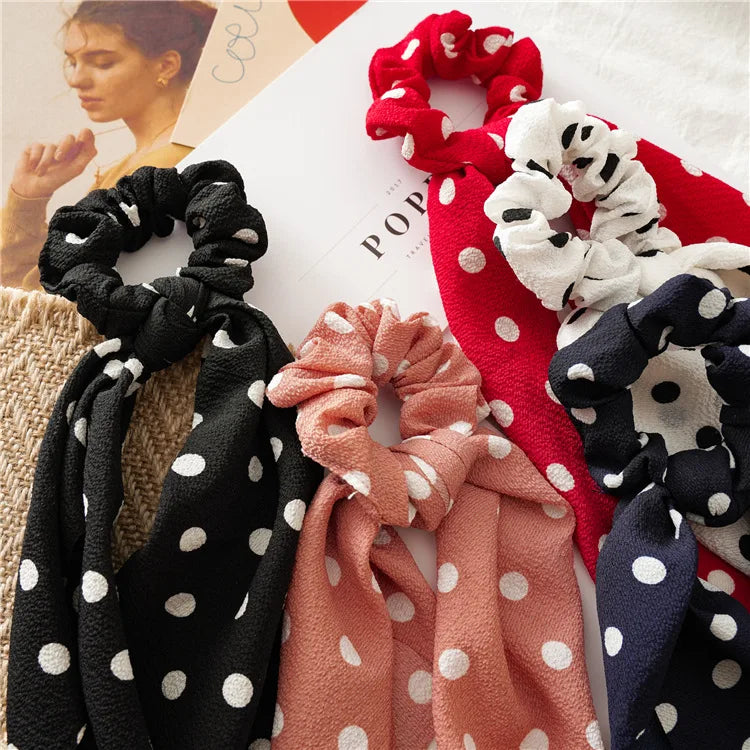 2020 Women Streamers Scrunchies Polka Dot Print Elastic Bow Hair Rope Girl Hair Ties Korean Sweet Hair Accessories Headwear Viralgem Store