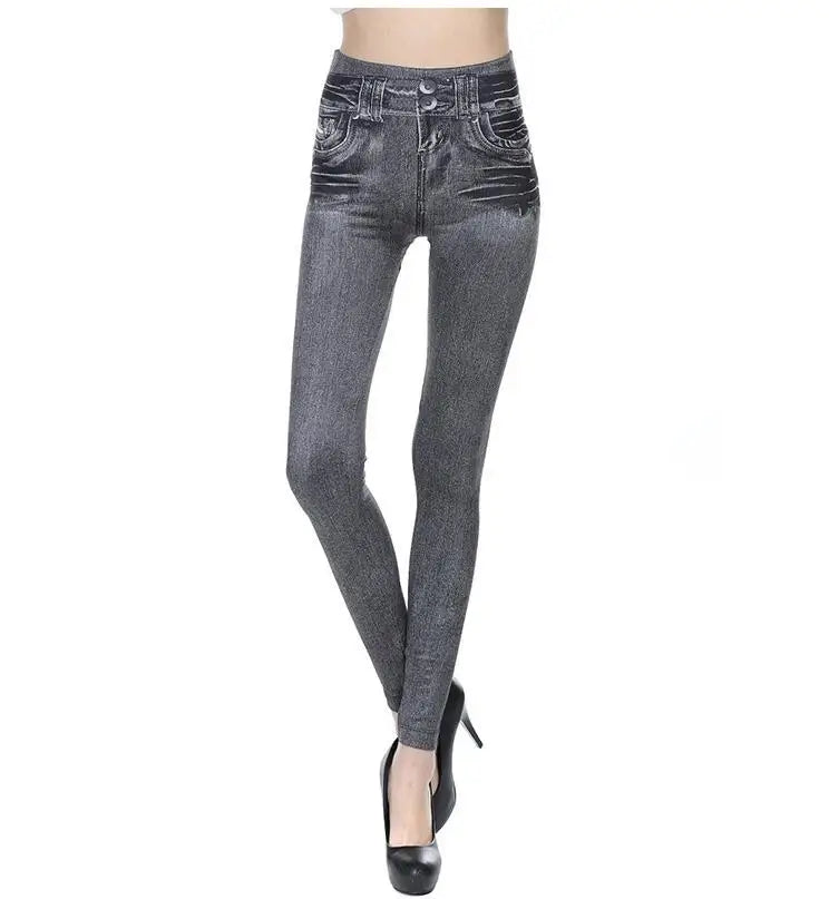 2023 Women's Spring and Summer Tight Imitation Jeans, Smart Slim Fashion, Large Tight Pants, False Pocket Women's Fitness Pants