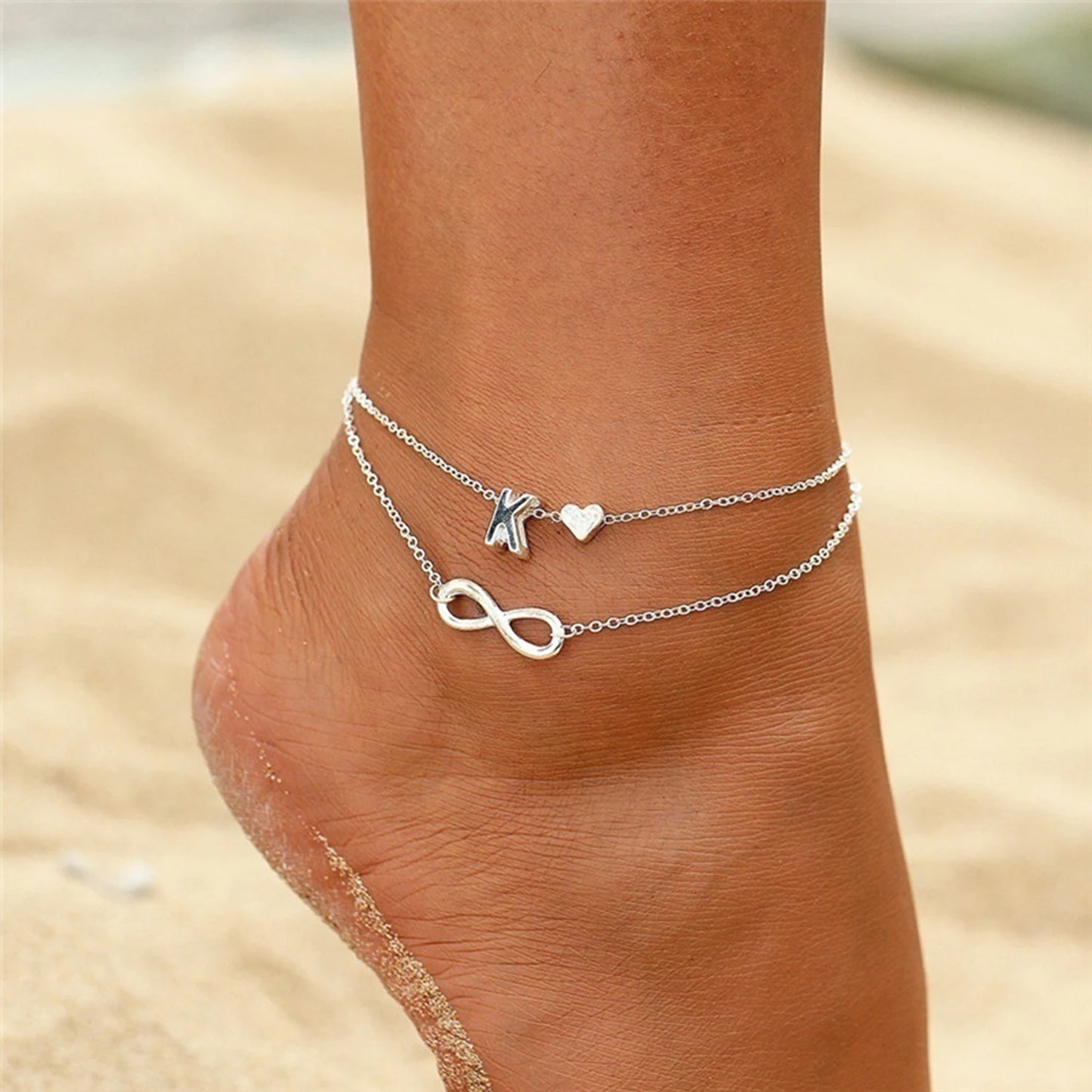Women's Anklet Bohemian Layered 26 Letter Heart Anklet 2023 Summer Beach Anklets On Foot Ankle Bracelets Foot Leg Chain Jewelry