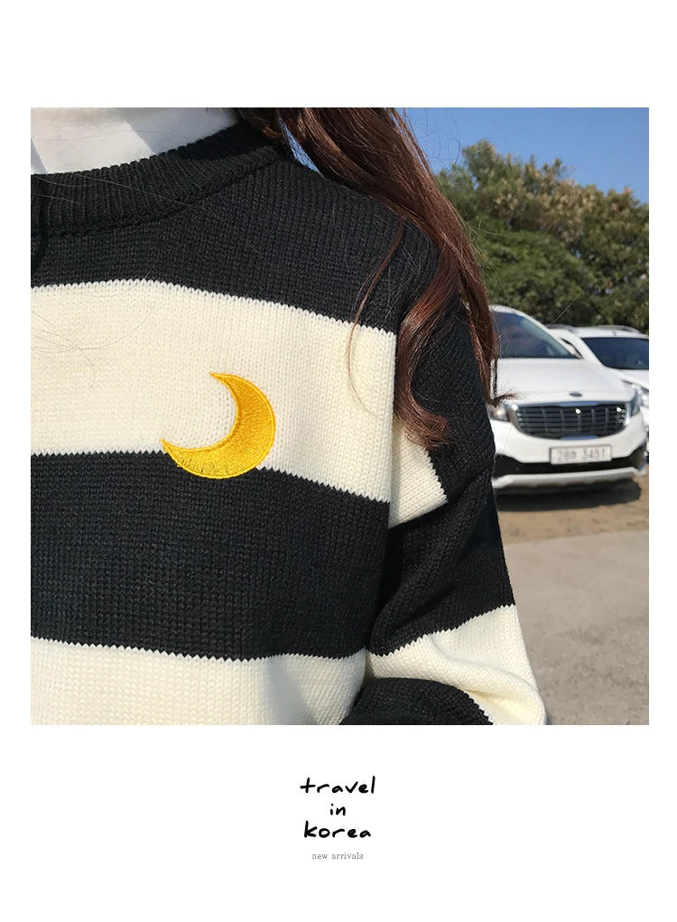 Women's Sweaters Kawaii Ulzzang College Candy Color Stripes Moon Sets Embroidery Sweater Female Harajuku Clothing For Women