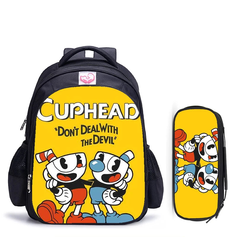 16 Inch Cuphead Game Mugman Children Backpack Lovely Schoolbag Boys and Girls Orthopedic Backpack Pencil Bag Sets
