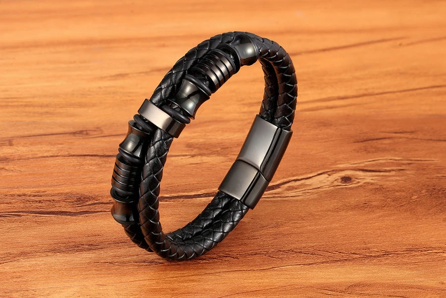 TYO Vintage Stainless Steel Wire Leather Male Bracelets Bangles For Men Double Layer Geometric Pattern Combination Bracelets