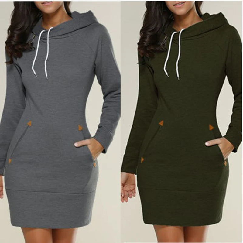 Women‘s Knee-Length Pockets Dress Hooded Warm Sweat Shirt Long Sleeve Side Zip Neckline Simple Casual Sports Skirt Viralgem Store