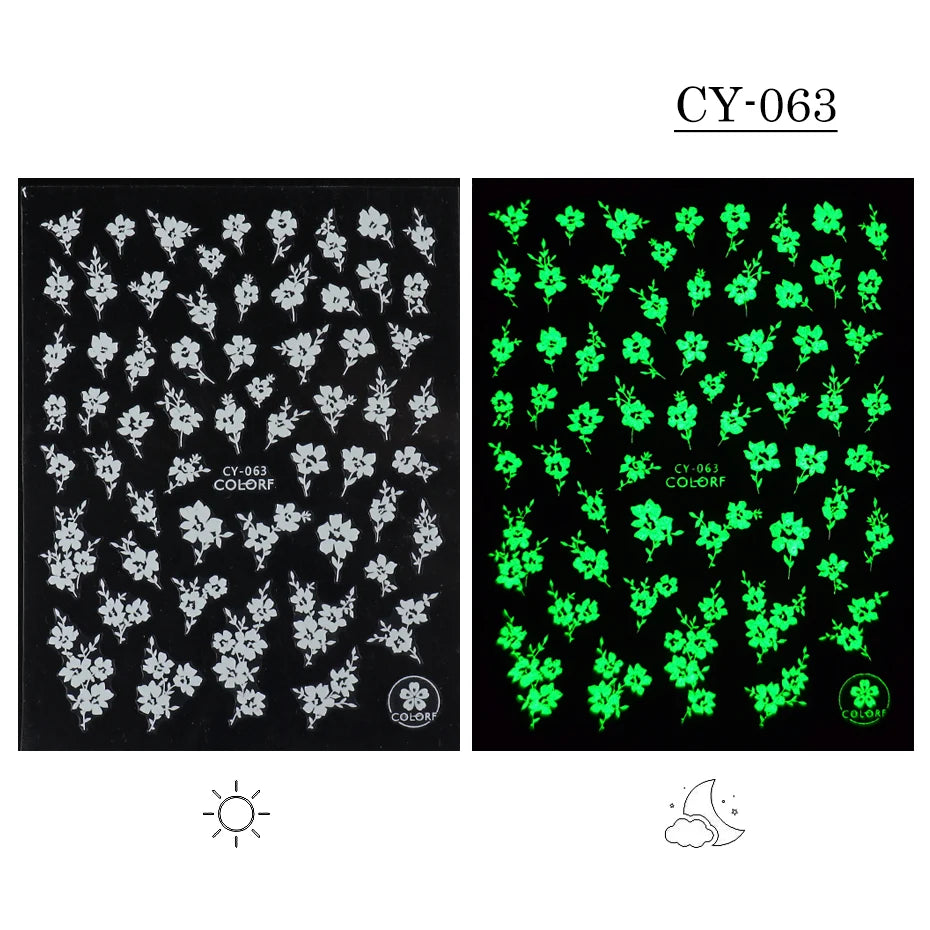 1pcs 3D Luminous Nail Stickers Flame Butterfly Star Moon Glitter Design Glow in The Dark Slider Manicure Decorations JICY028-036