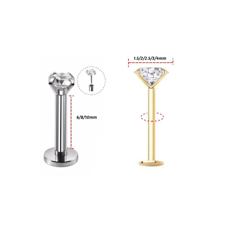 1Pc 20G-16G 1.5-4mm Gem Crystal Monroe Lip Stud Ring Tragus Helix Conch Cartilage Earring Piercing Steel Lip Labret Piercing Set