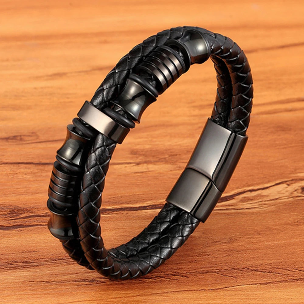 TYO Vintage Stainless Steel Wire Leather Male Bracelets Bangles For Men Double Layer Geometric Pattern Combination Bracelets