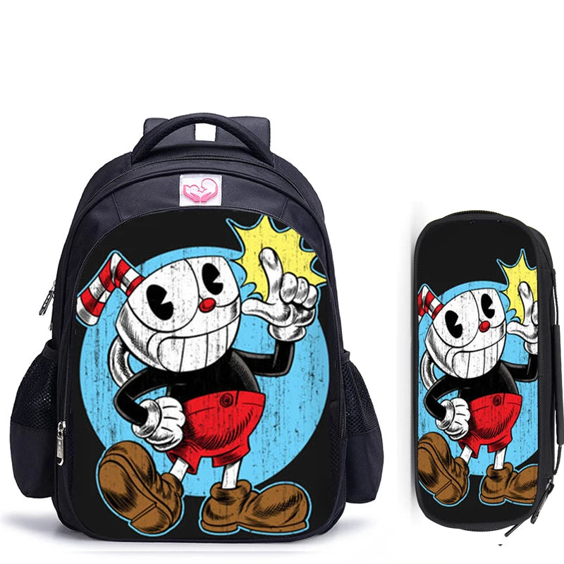 16 Inch Cuphead Game Mugman Children Backpack Lovely Schoolbag Boys and Girls Orthopedic Backpack Pencil Bag Sets