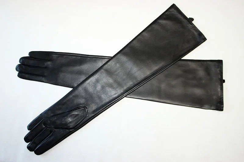 Touch Screen Extra Long Leather Sheepskin Gloves Women's Black Fashion Simple Straight Style Velvet Lining Winter Warm Sleeve