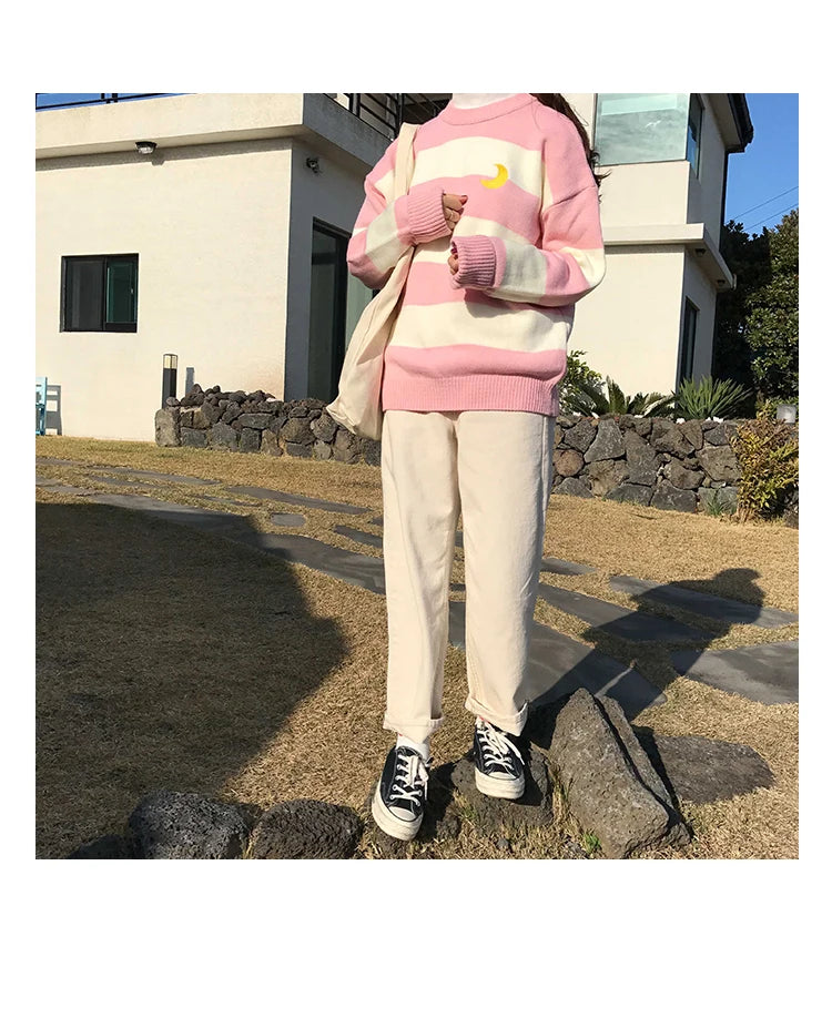 Women's Sweaters Kawaii Ulzzang College Candy Color Stripes Moon Sets Embroidery Sweater Female Harajuku Clothing For Women
