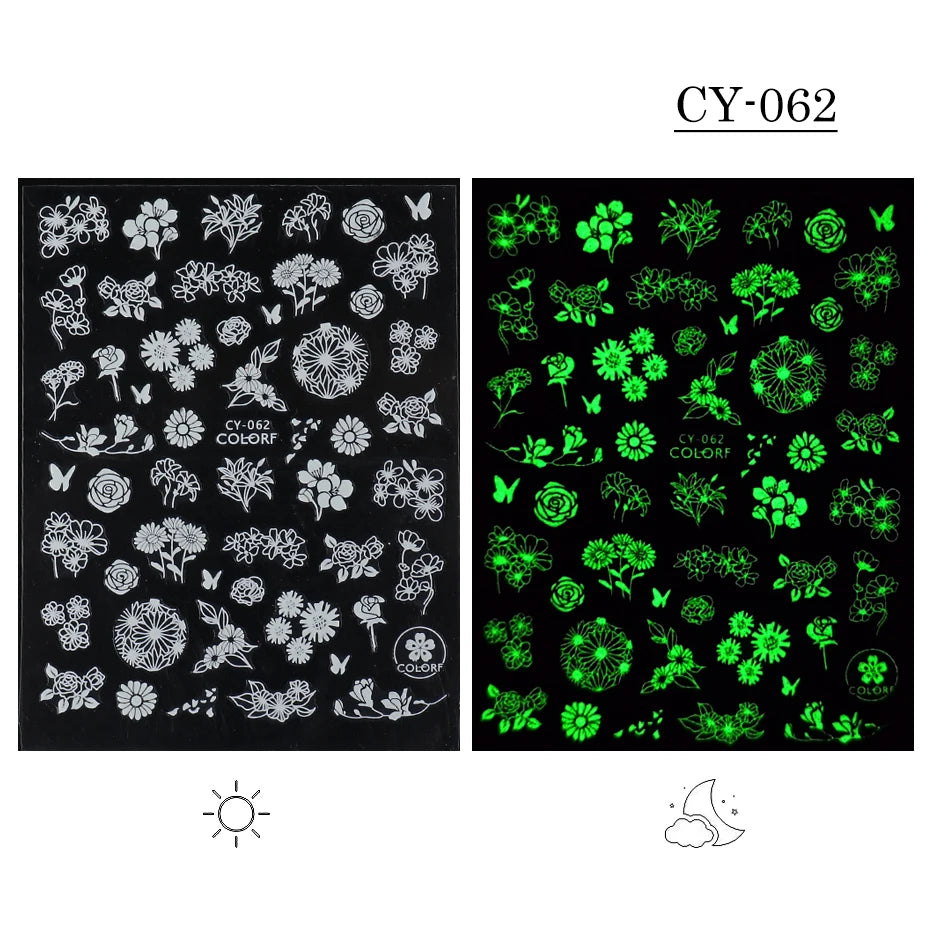 1pcs 3D Luminous Nail Stickers Flame Butterfly Star Moon Glitter Design Glow in The Dark Slider Manicure Decorations JICY028-036