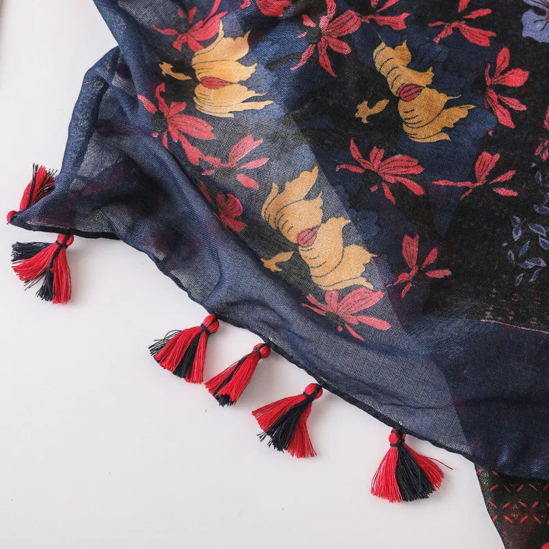 2023 Women Fashion Small Polka Floral Tassel Viscose Shawl Scarf Print Voile Wrap Headband Bufandas Muslim Hijab Sjaal 125*125Cm