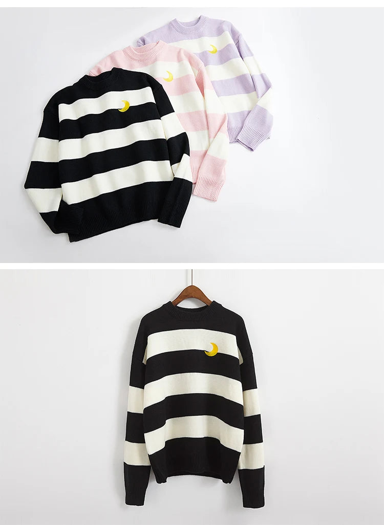 Women's Sweaters Kawaii Ulzzang College Candy Color Stripes Moon Sets Embroidery Sweater Female Harajuku Clothing For Women
