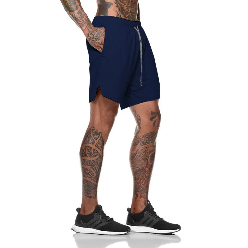 2024 European Men's Sports Summer New Double Layer Mobile Phone Pants Gym Exercise Jogging Training Shorts