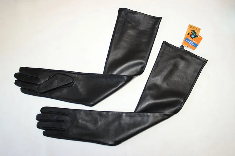 Touch Screen Extra Long Leather Sheepskin Gloves Women's Black Fashion Simple Straight Style Velvet Lining Winter Warm Sleeve