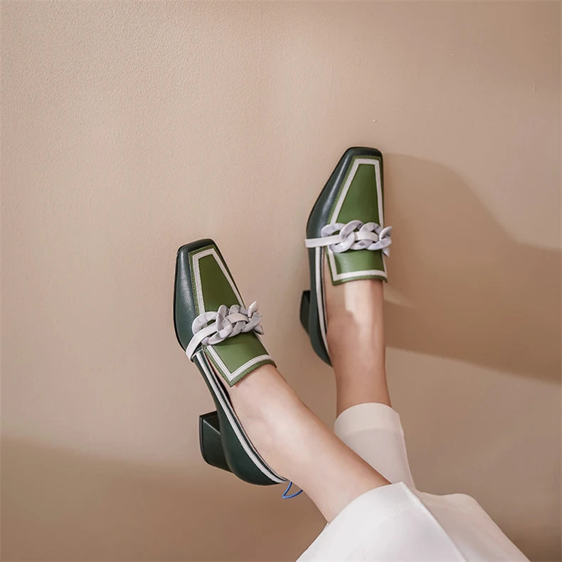 2020 Summer Women Chunky Pumps Thick High Heel Slip-On Waterproof Loafers Shoes Casual Vintage Square Toe Ladies Suit Shoes
