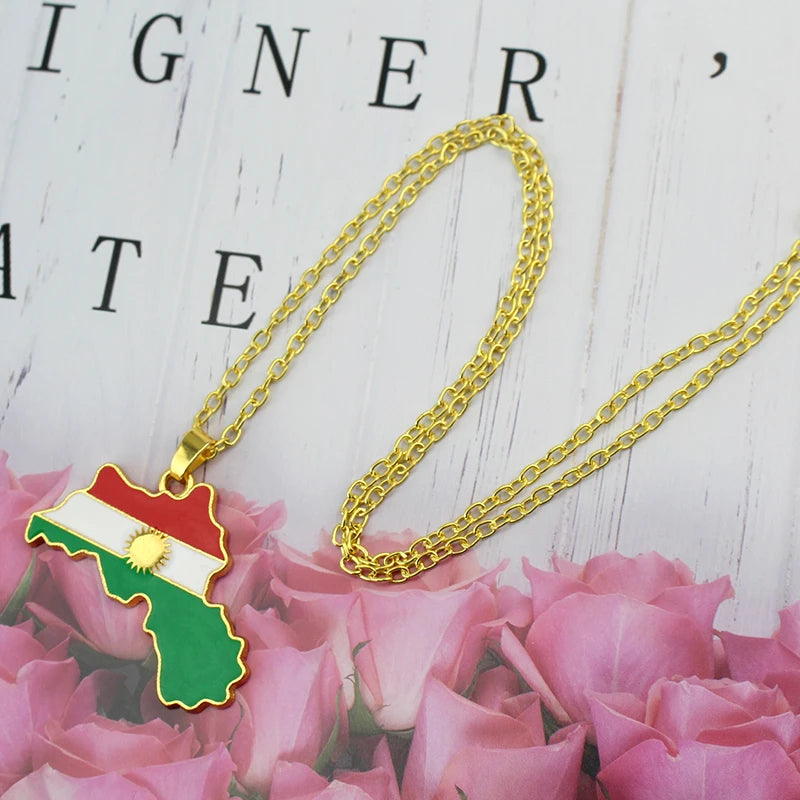 Stainless Steel Gold Silver Color Kurdistan Map Pendant Necklaces Kurdish Flag Map Jewelry