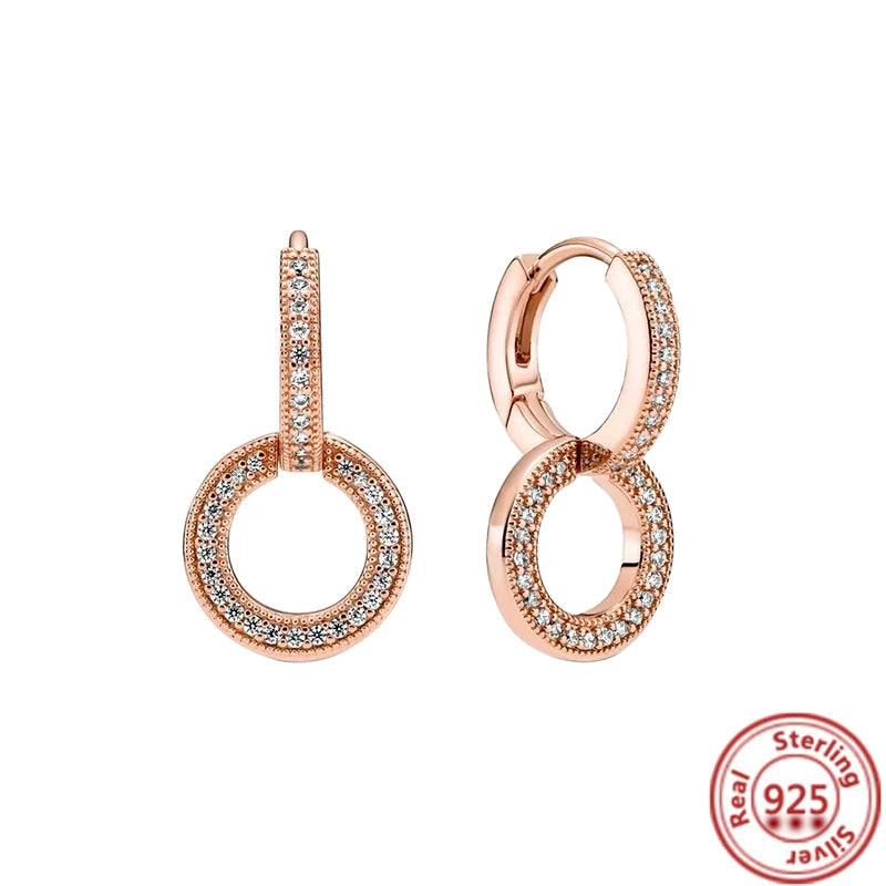 2024 New 925 Sterling Silver Earring Crown Fan Heart Round Rose Gold Pantaro Female Earrings Women Fashion DIY European Jewelry