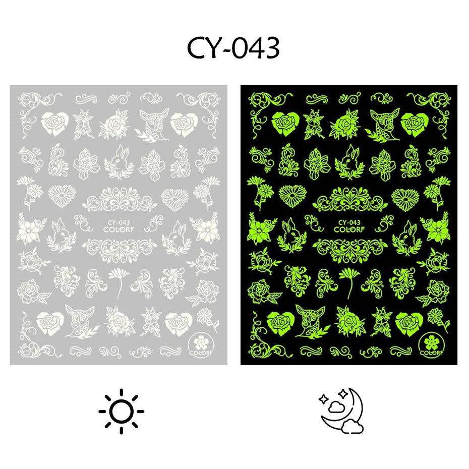 1pcs 3D Luminous Nail Stickers Flame Butterfly Star Moon Glitter Design Glow in The Dark Slider Manicure Decorations JICY028-036