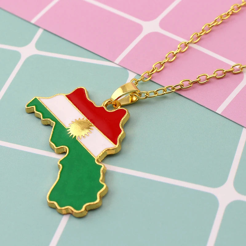 Stainless Steel Gold Silver Color Kurdistan Map Pendant Necklaces Kurdish Flag Map Jewelry