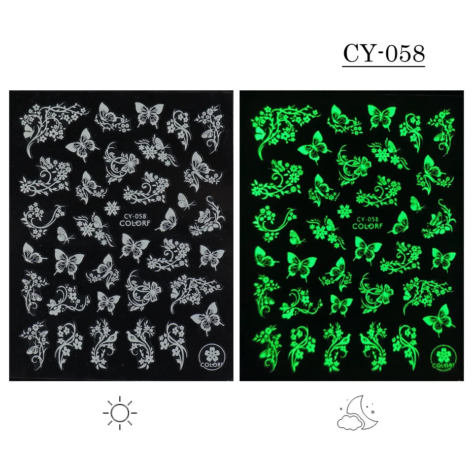 1pcs 3D Luminous Nail Stickers Flame Butterfly Star Moon Glitter Design Glow in The Dark Slider Manicure Decorations JICY028-036