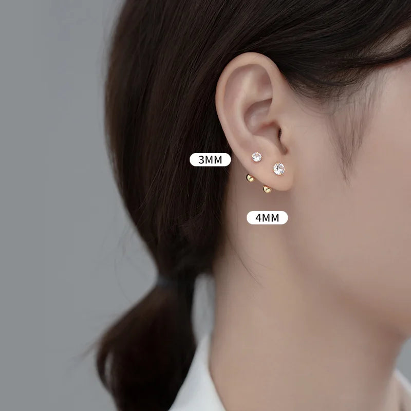 WANTME 925 Sterling Silver Luxury Round Zircon Simple Bead Stud Earrings for Women Fashion Body Piercing Jewelry Accessories