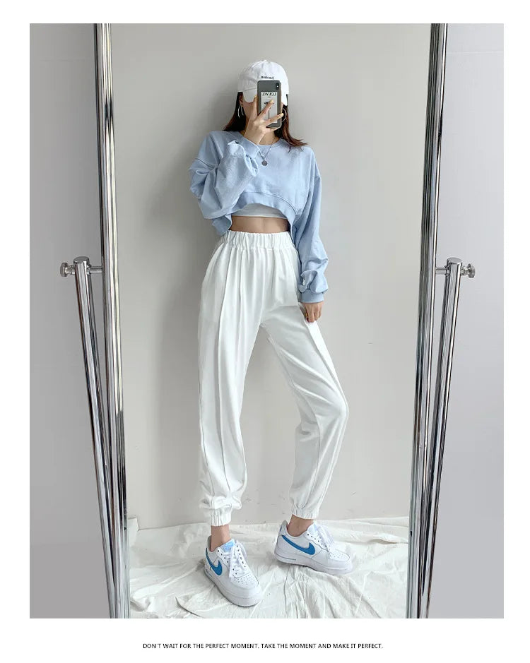 Women Short Sweatshirts Autumn Ladies Korean O-Neck Long Sleeve Solid Color Bare Navel Cropped Loose Pullover Top