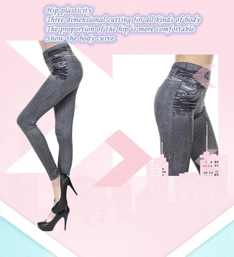 2023 Women's Spring and Summer Tight Imitation Jeans, Smart Slim Fashion, Large Tight Pants, False Pocket Women's Fitness Pants