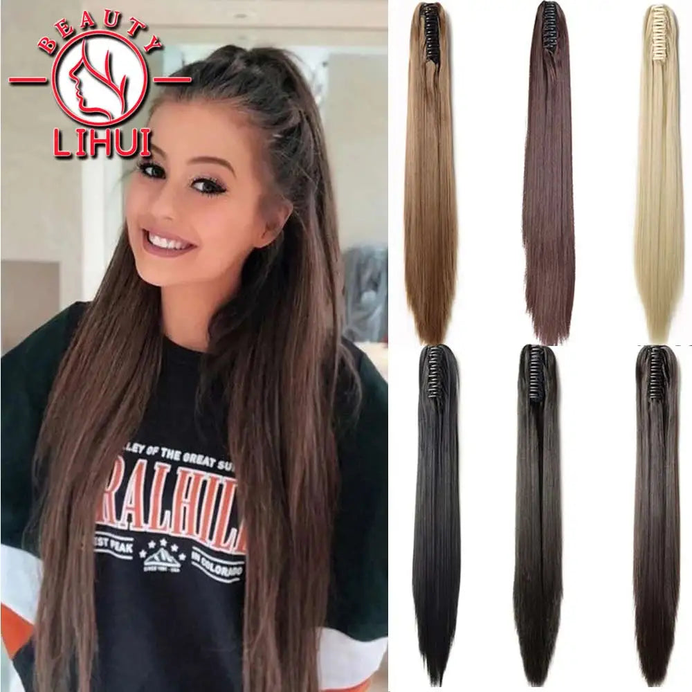 22" Synthetic Women Claw on Ponytail Clip in Hair Extensions Straight Style Pony Tail Hairpiece Ombre Brown Blonde Viralgem Store