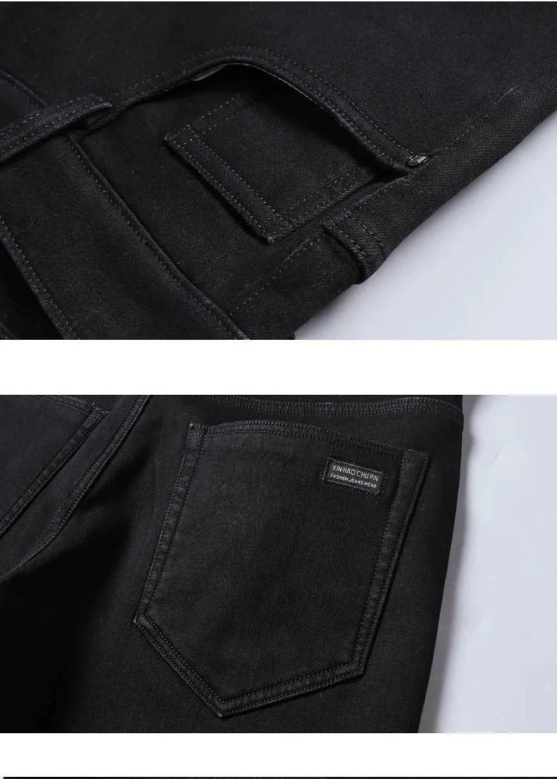 2025 Winter Warm Denim Casual  Fleece  Jeans Men Elasticity  Slim Fit Stretch Thick Velvet Pants Black Grey Blue Jeans