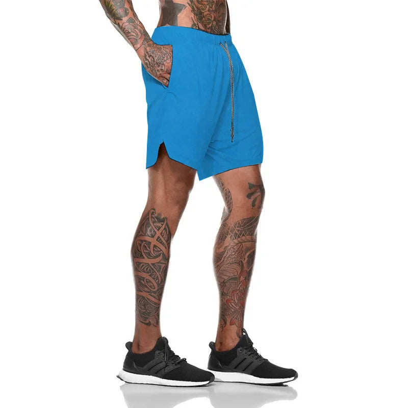 2024 European Men's Sports Summer New Double Layer Mobile Phone Pants Gym Exercise Jogging Training Shorts