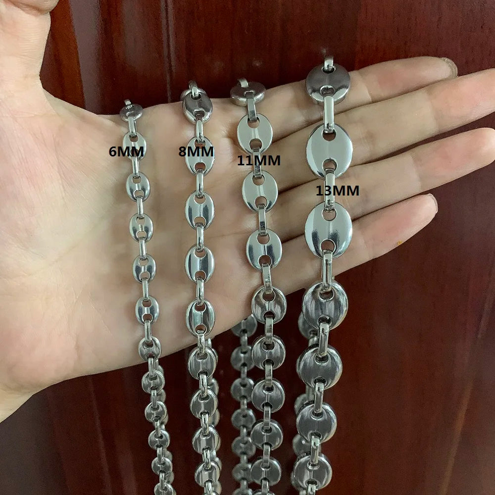 USENSET Coffee Bean Stainless Steel Bracelet Waterproof Link Chains 8-11MM Handmade Jewelry Gold Color Gifts 7-34inch