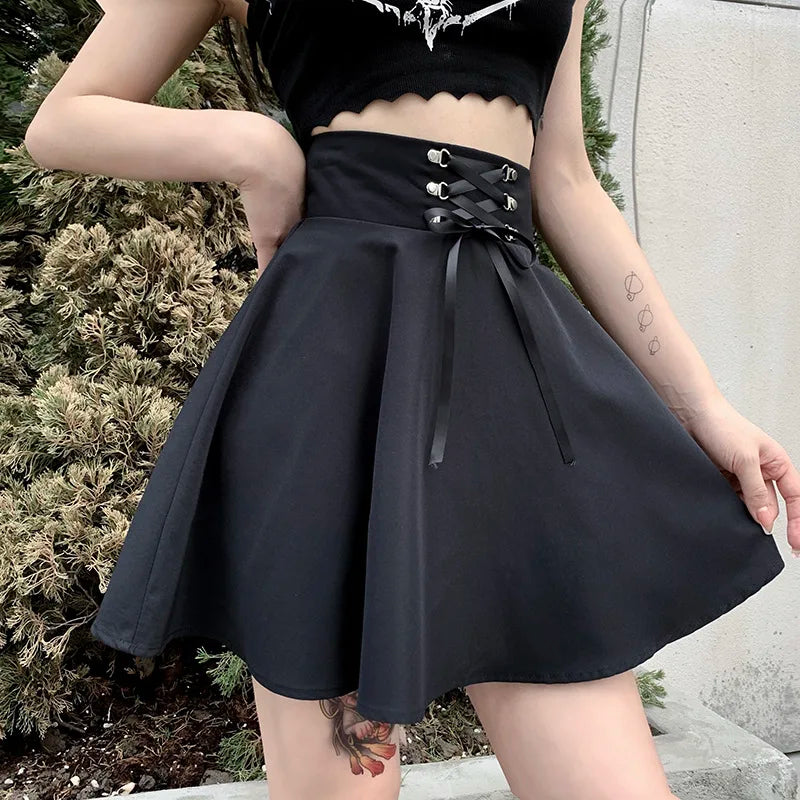 Women's Basic Versatile Flared Casual Mini Skater Skirt High Waisted School Goth Punk Black Skirt Harajuku