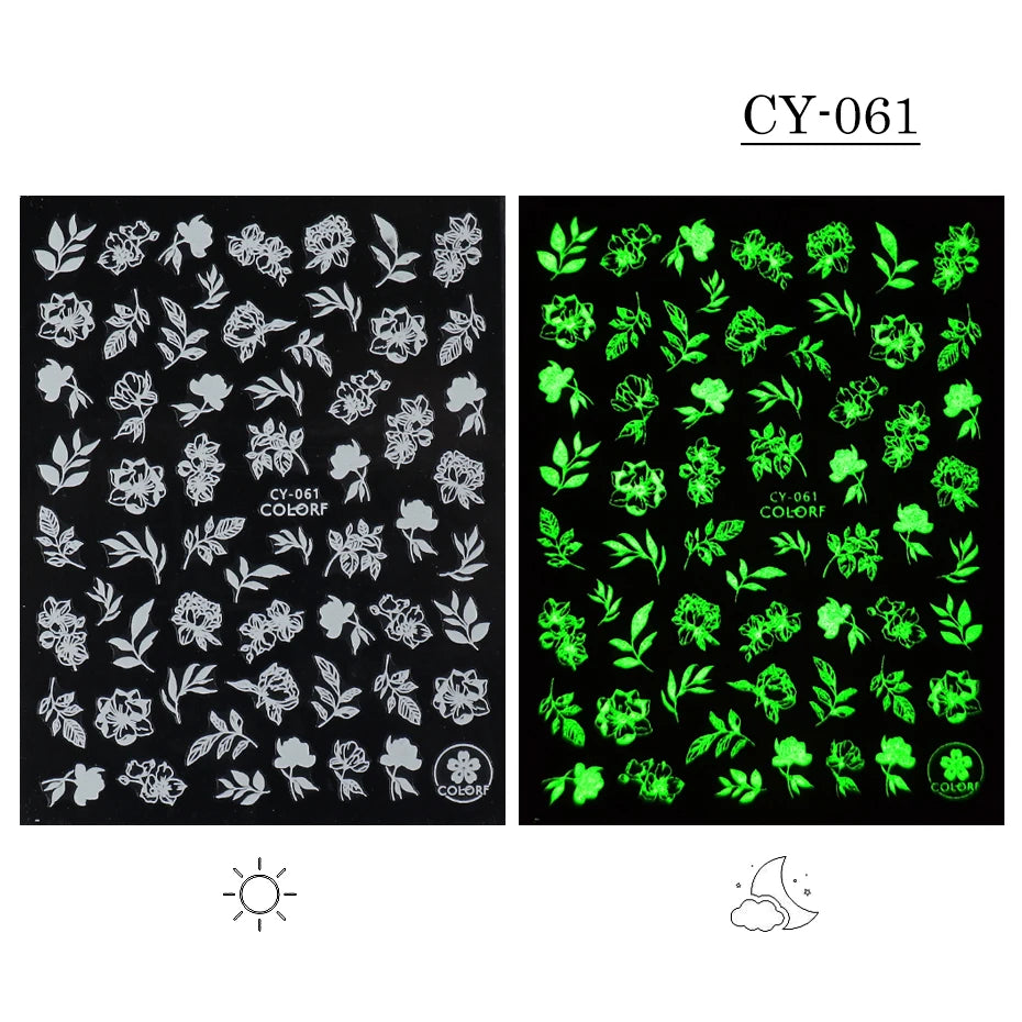 1pcs 3D Luminous Nail Stickers Flame Butterfly Star Moon Glitter Design Glow in The Dark Slider Manicure Decorations JICY028-036