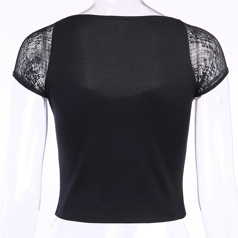 Vintage Tops Goth T-shirt Women Bodycon Bandage Lace Black T-shirts Gothic Streetwear Sexy Female Top Casual Mesh Tee Viralgem Store