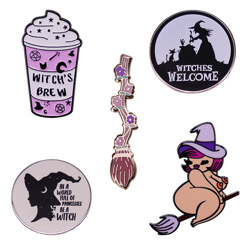 Witch Lapel Pin Collection Magic Broomstic Brooch Ice Cream Mug Frappuccinoo Badge Witches Welcome Jewelry Viralgem Store