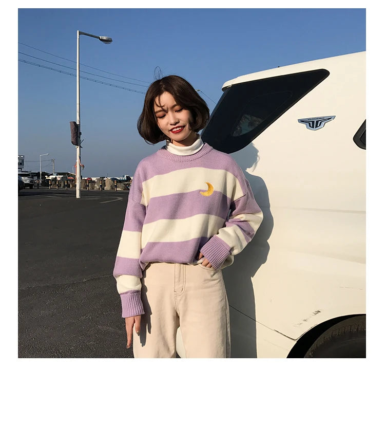 Women's Sweaters Kawaii Ulzzang College Candy Color Stripes Moon Sets Embroidery Sweater Female Harajuku Clothing For Women