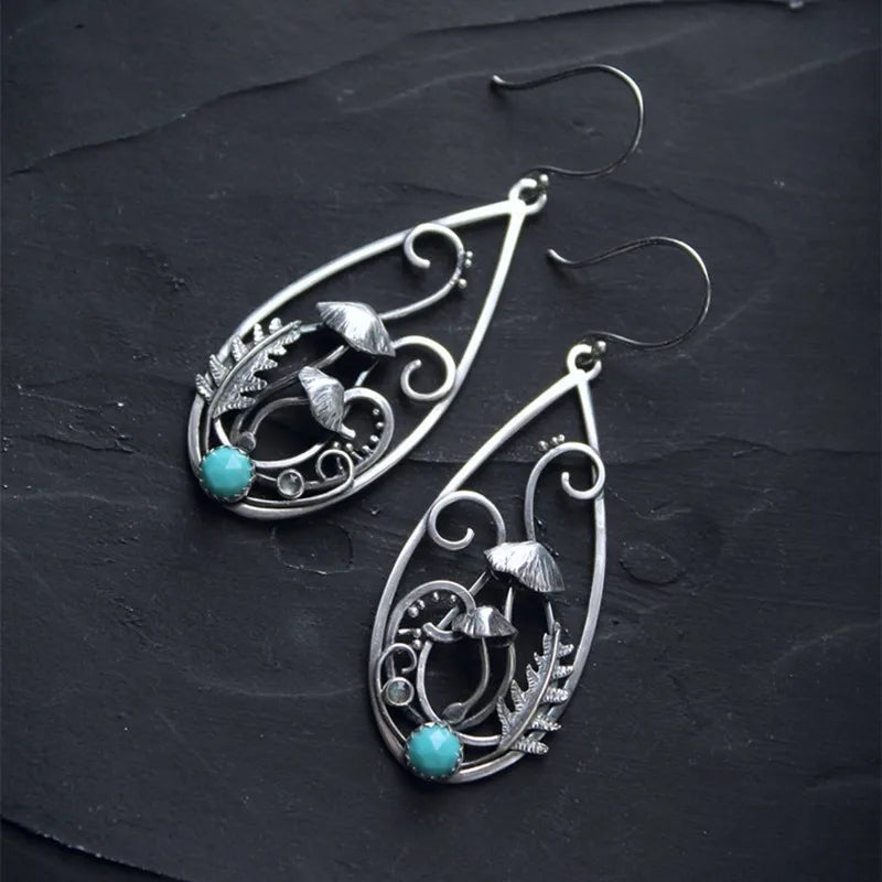 Woodland Earrings Witch Mushroom Elven Forest Leaf Earrings Nature Botanical Jewelry Silver Wire Wrapped