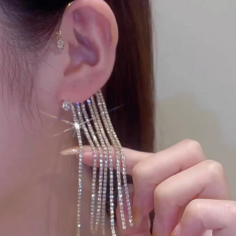 20Style Luxury Shiny Crystal Rhinestone Long Tassel Ear Cuff No Pierced Ear Clip Earrings For Women Wedding Korean Trend Jewelry Viralgem Store