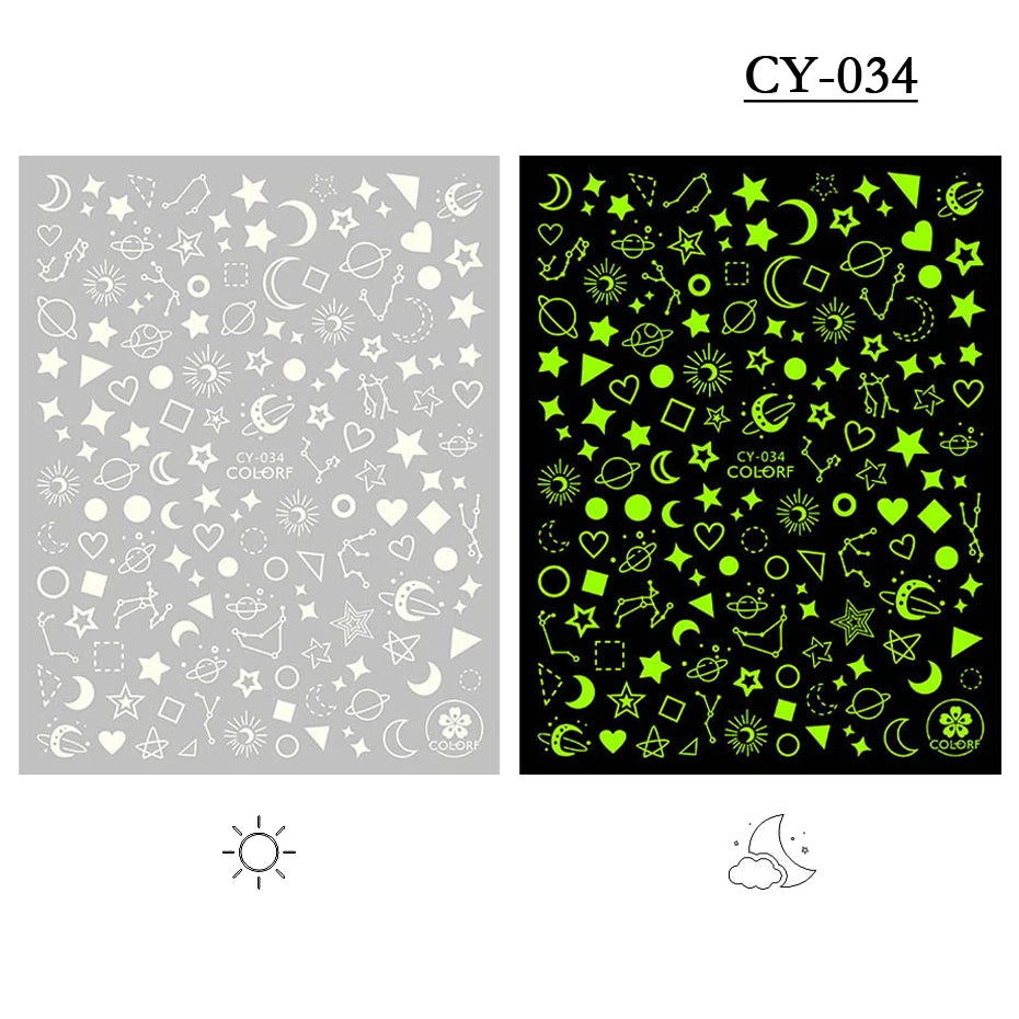 1pcs 3D Luminous Nail Stickers Flame Butterfly Star Moon Glitter Design Glow in The Dark Slider Manicure Decorations JICY028-036