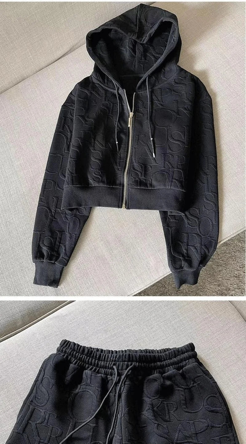 2 Piece Sets Womens Outfits Spring Fashion Skinny Hooded Short Jacket and Shorts Knitted Jacquard Designer Fall Women Clothing