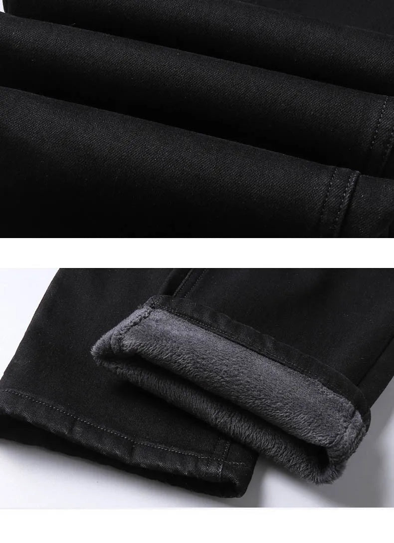 2025 Winter Warm Denim Casual  Fleece  Jeans Men Elasticity  Slim Fit Stretch Thick Velvet Pants Black Grey Blue Jeans