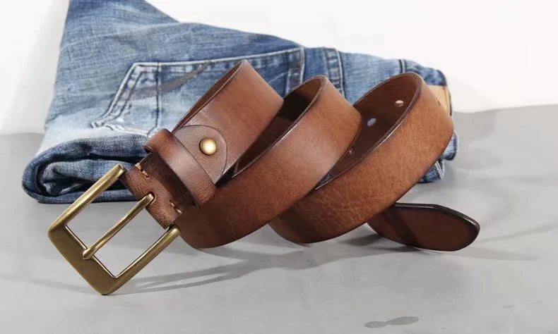 Vintage Luxury Handmade Leather Copper Buckle Man's Belt Cinturon Gotico Cowhide Retro All-match Casual Jeans Soft Belt ABC Viralgem Store