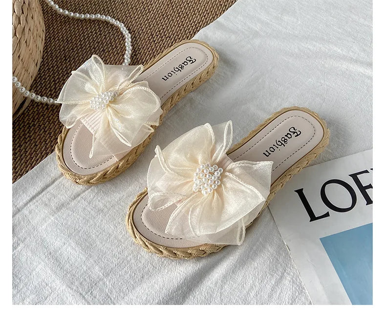 Women Summer Slippers Online Celebrity Slippers Ins New Joker Korean Fairy Wind Mesh Bow Word Drag Breathable Wear-resistant