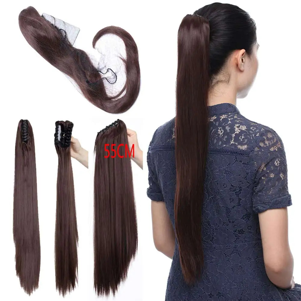 22" Synthetic Women Claw on Ponytail Clip in Hair Extensions Straight Style Pony Tail Hairpiece Ombre Brown Blonde Viralgem Store