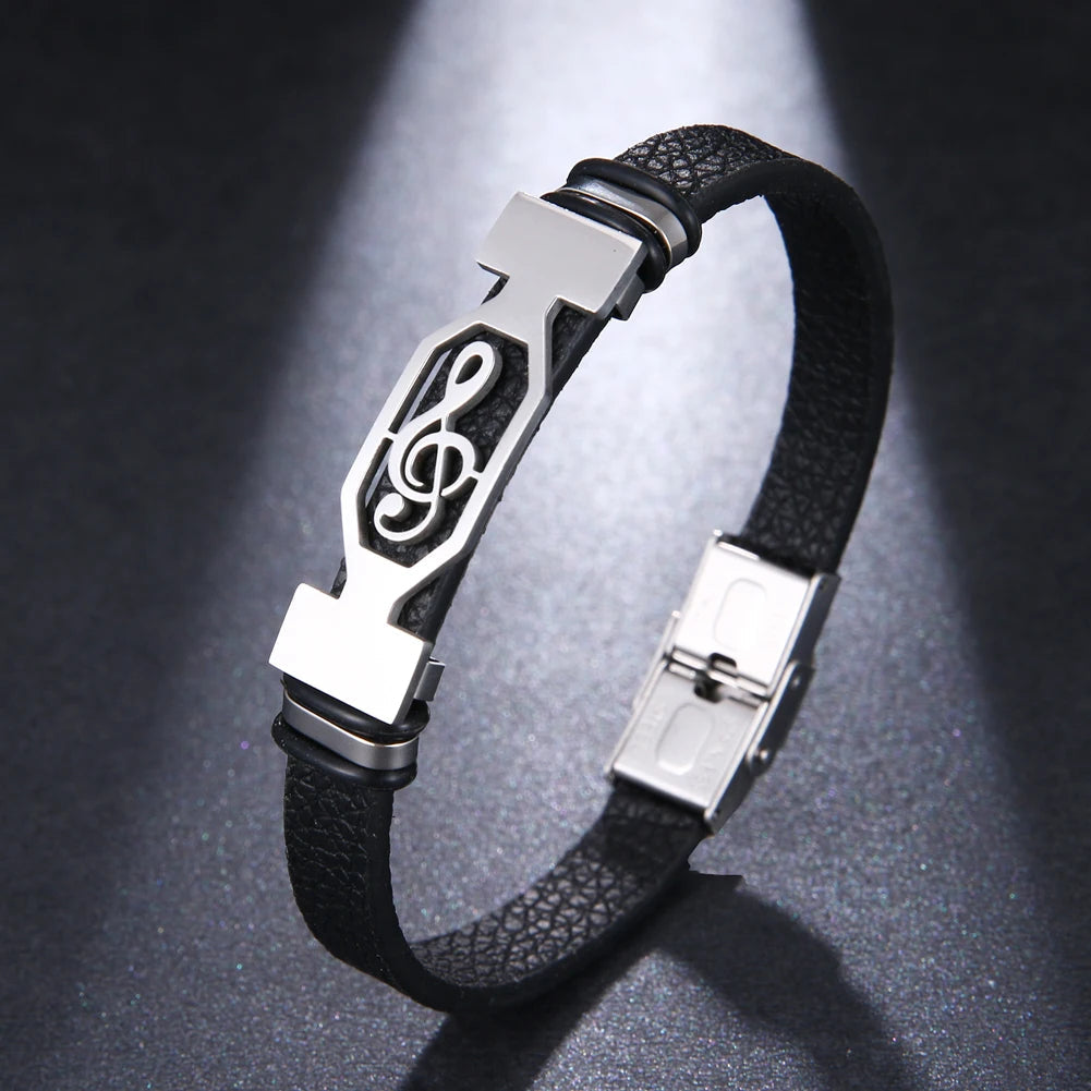 2024 Trend Personalized Jewelry Titanium Steel Leather Bracelet Men Vintage Stainless Steel Music Symbol Cuff Bracelet Pulsera H Viralgem Store