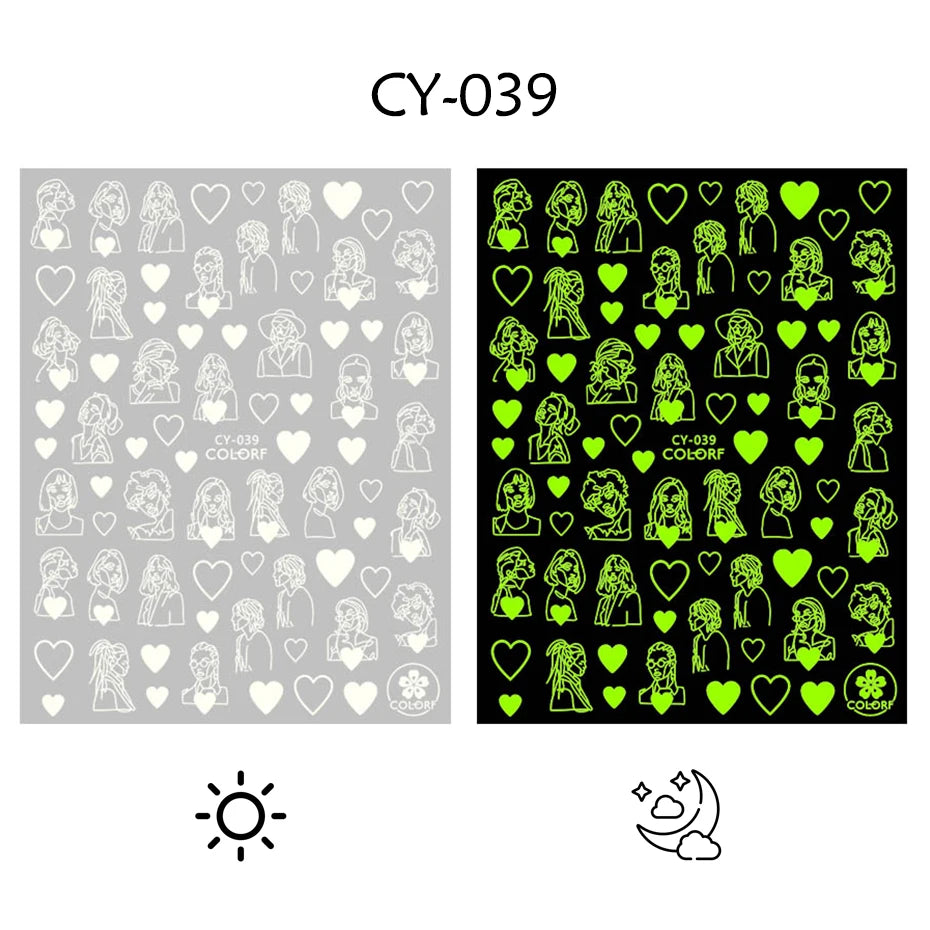 1pcs 3D Luminous Nail Stickers Flame Butterfly Star Moon Glitter Design Glow in The Dark Slider Manicure Decorations JICY028-036