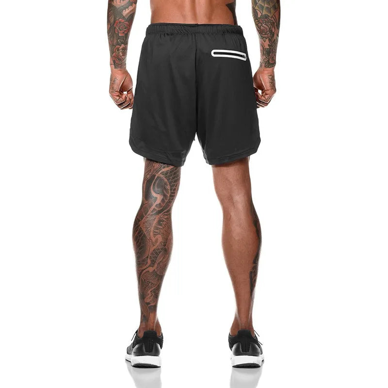 2024 European Men's Sports Summer New Double Layer Mobile Phone Pants Gym Exercise Jogging Training Shorts